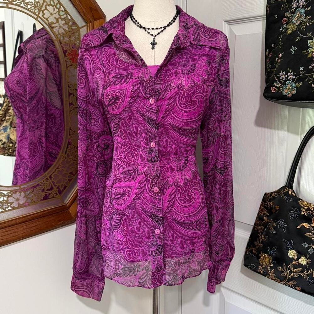 VTG Y2K New York City Design Co Purple Paisley 100% Silk Button Down Top